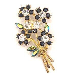 Colorful Rhinestone Gold Tone Metal Bouquet Floral Brooch Pin